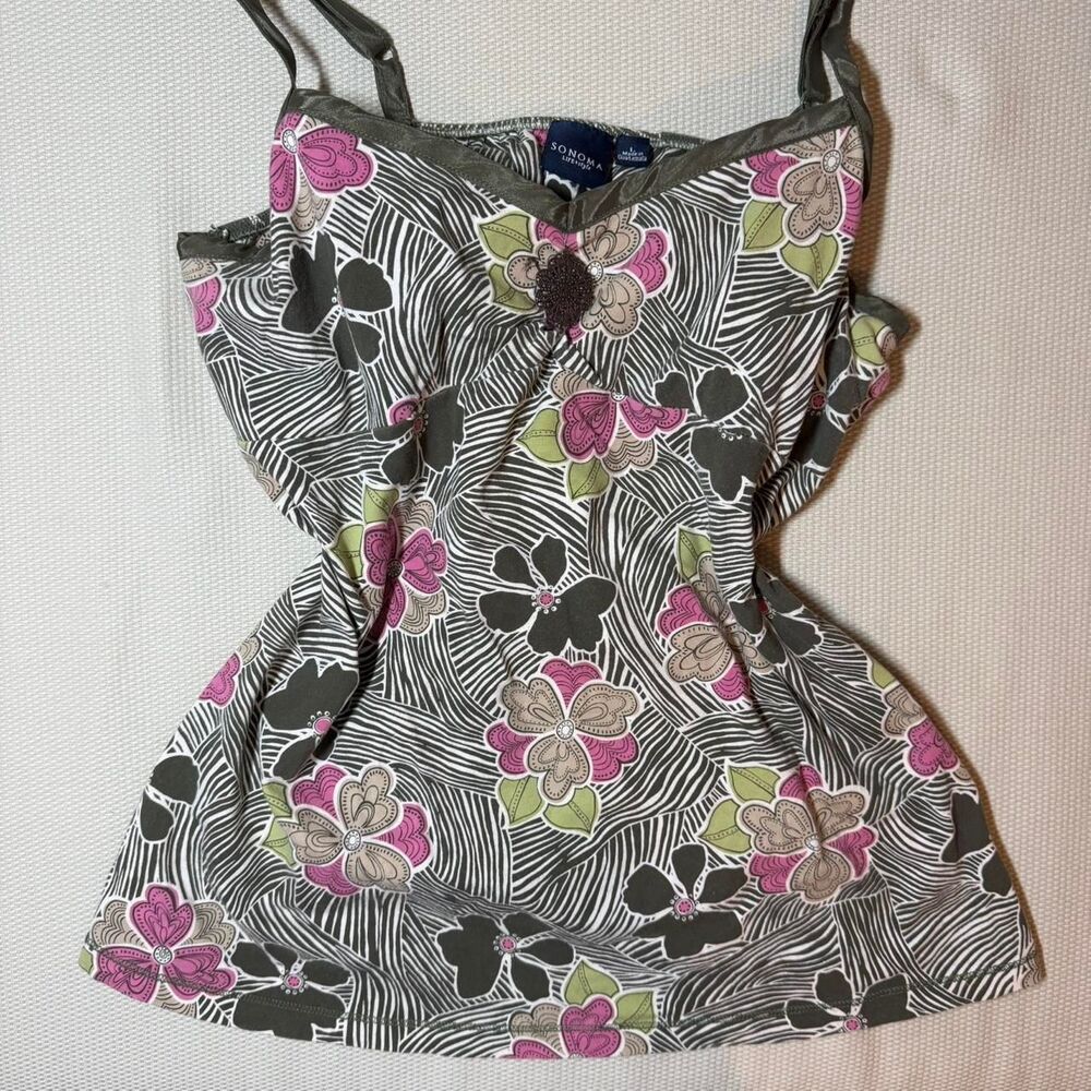 Sonoma Green Jeweled Fairy Cami Babydoll with Graphic Flower Prints Sz L Tank